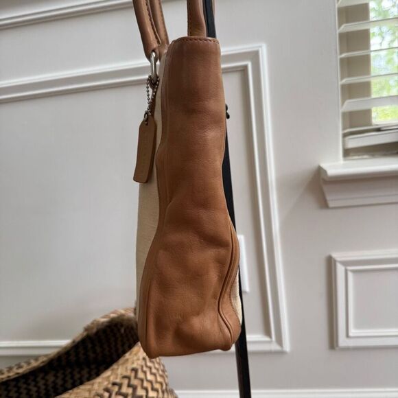 Rare Vintage Coach 9429 Bonnie Bucket Linen Leather Tan Cream Satchel Small Tote - Picture 6 of 10